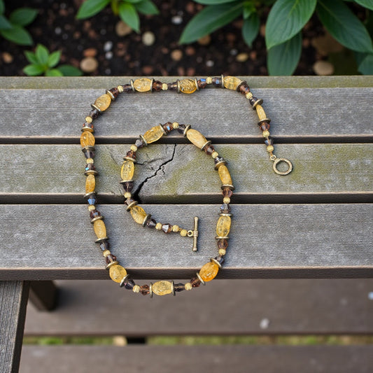 Citrine and Purple Crystal Necklace, Gold Spacer Bead Necklace, Handmade Gemstone Jewelry, Warm Yellow Citrine Necklace, Gift for Her
