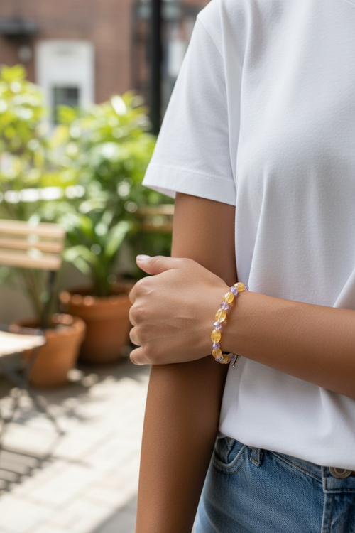 Citrine and Light Purple Crystal Bracelet, 7.25 Inch Gemstone Bracelet, Yellow Citrine Bracelet with Bicone Crystals, Handmade Jewelry Gift