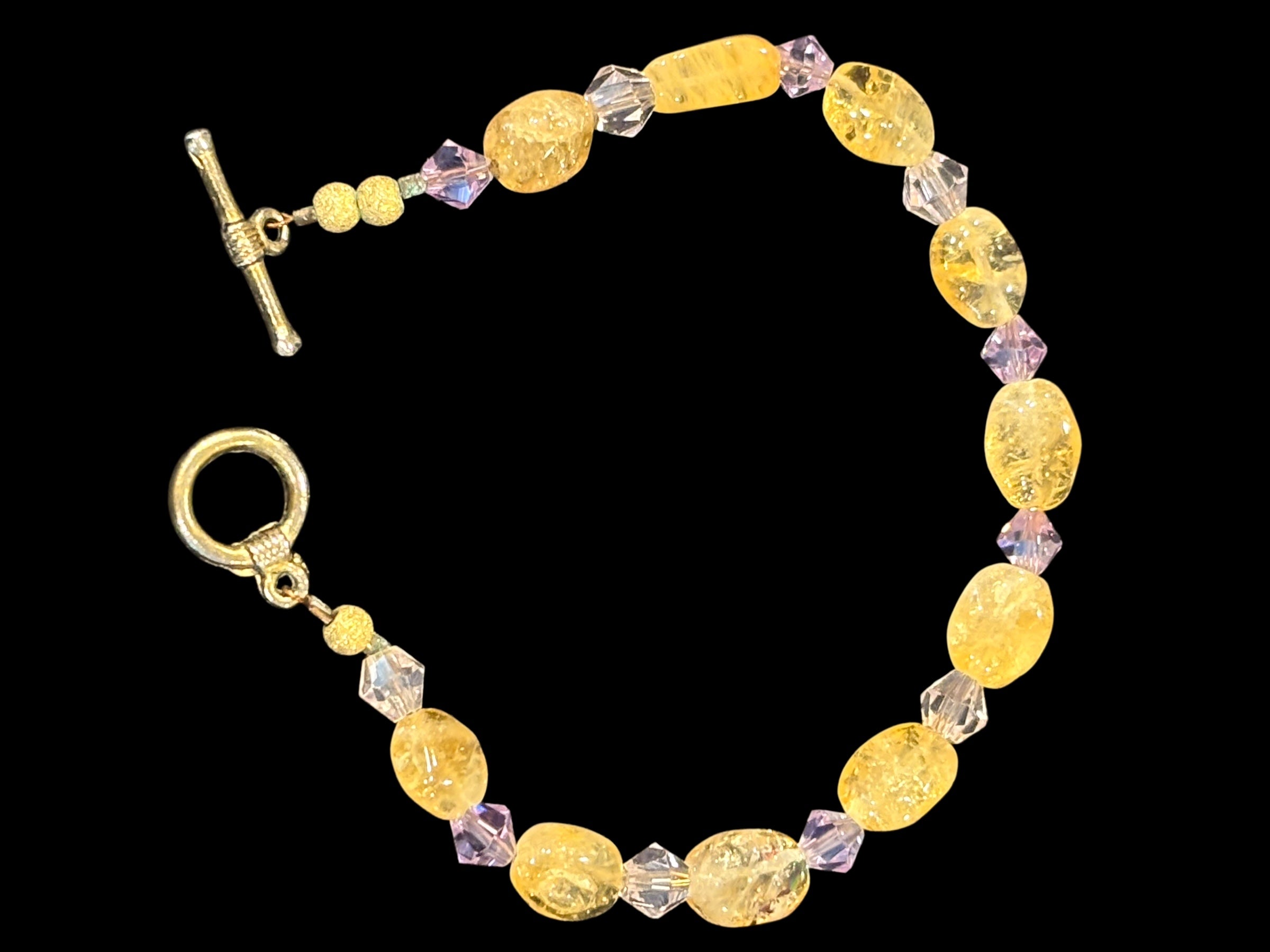 Citrine and Light Purple Crystal Bracelet, 7.25 Inch Gemstone Bracelet, Yellow Citrine Bracelet with Bicone Crystals, Handmade Jewelry Gift