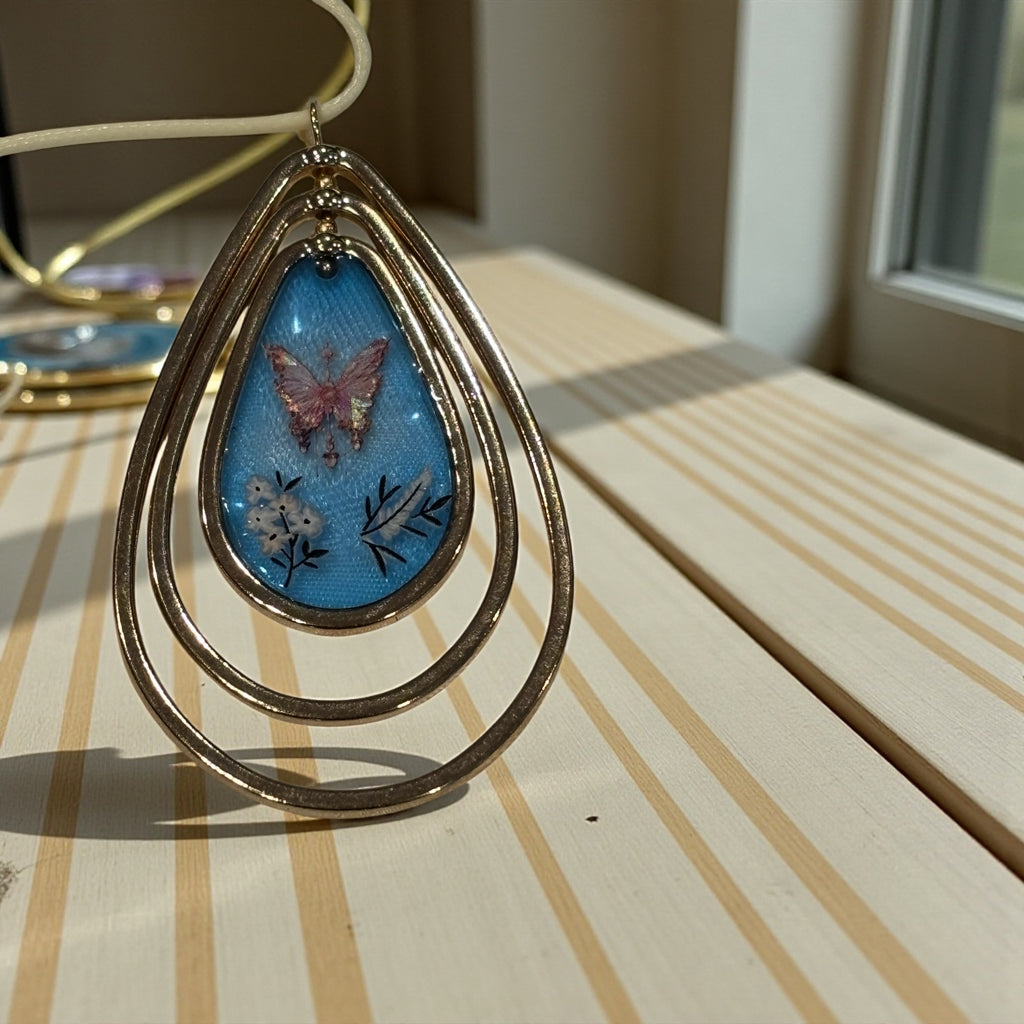 Tiered Teardrop Butterfly Resin Pendant Necklace, 24 Inch Waxed Cotton Cord Necklace, Nature Inspired Butterfly Jewelry with Extender