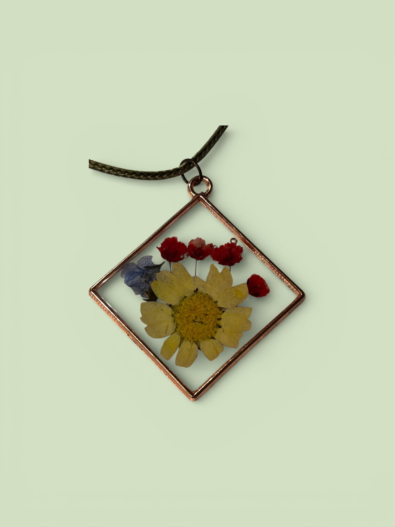 Pressed Flower Resin Pendant Necklace, 18 Inch Sage Green Waxed Cotton Cord Necklace, Botanical Floral Jewelry with Extender