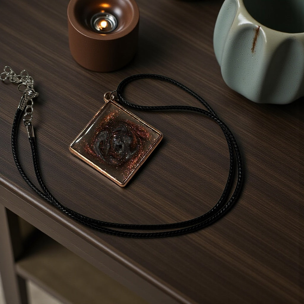 Copper Cat’s Eye Resin Pendant Necklace, 18 Inch Black Waxed Cotton Cord Necklace, Copper Tone Swirl Jewelry with Extender Chain