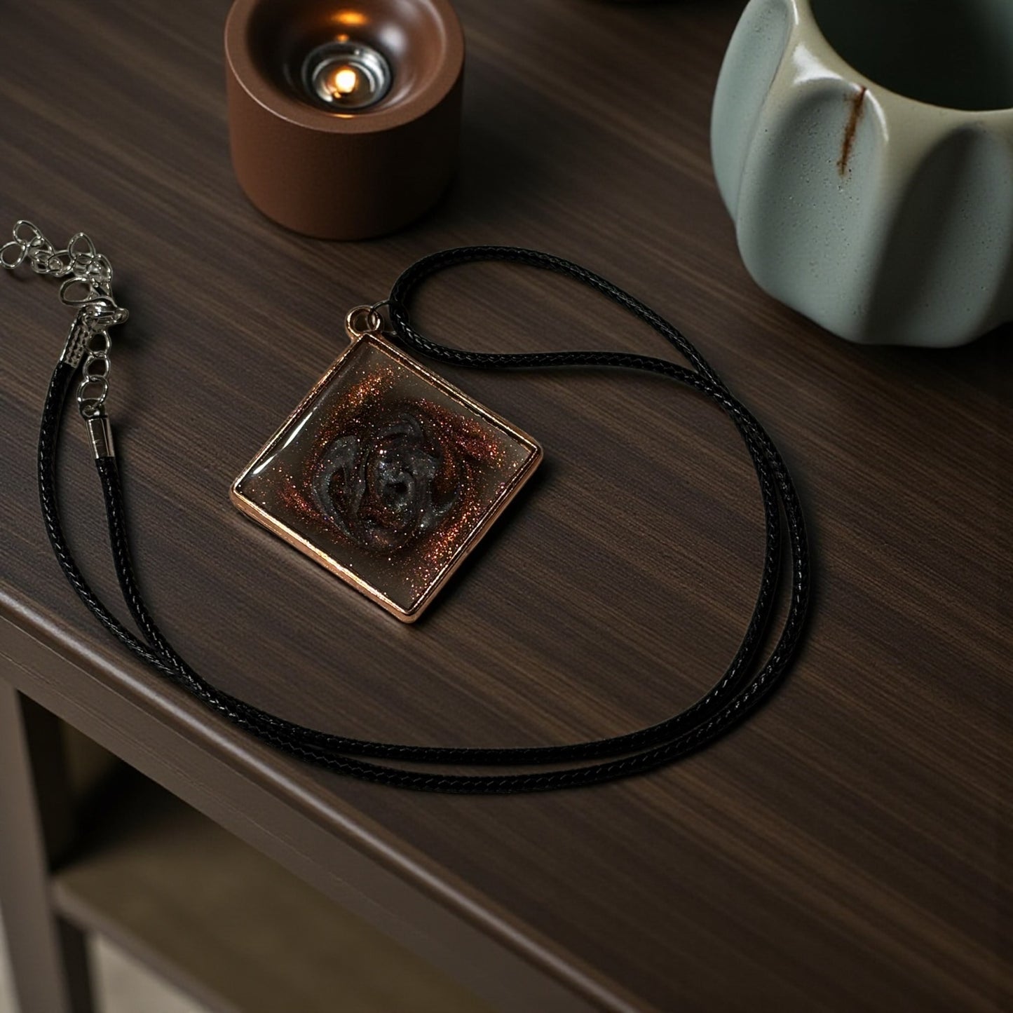 Copper Cat’s Eye Resin Pendant Necklace, 18 Inch Black Waxed Cotton Cord Necklace, Copper Tone Swirl Jewelry with Extender Chain