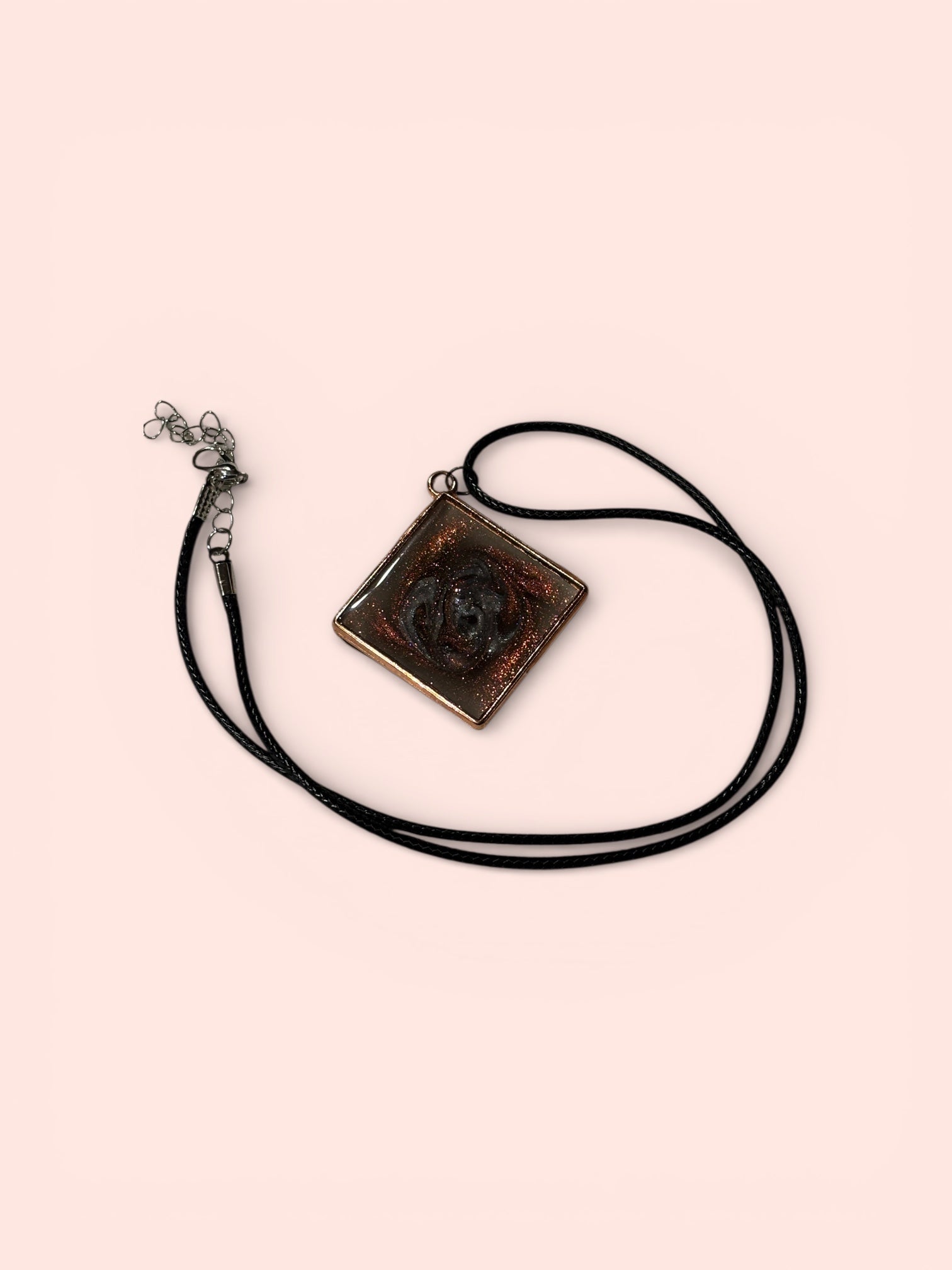 Copper Cat’s Eye Resin Pendant Necklace, 18 Inch Black Waxed Cotton Cord Necklace, Copper Tone Swirl Jewelry with Extender Chain