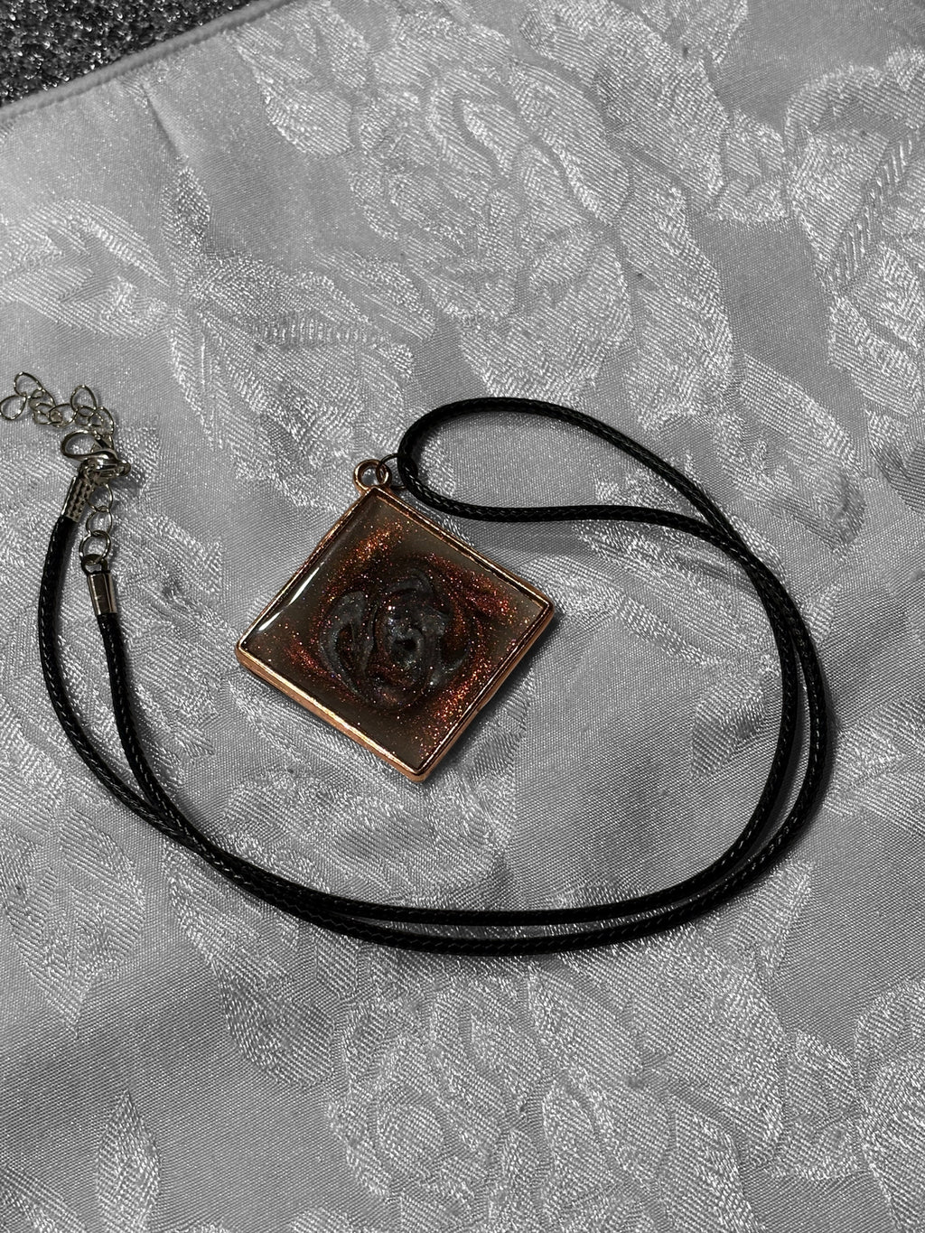 Copper Cat’s Eye Resin Pendant Necklace, 18 Inch Black Waxed Cotton Cord Necklace, Copper Tone Swirl Jewelry with Extender Chain
