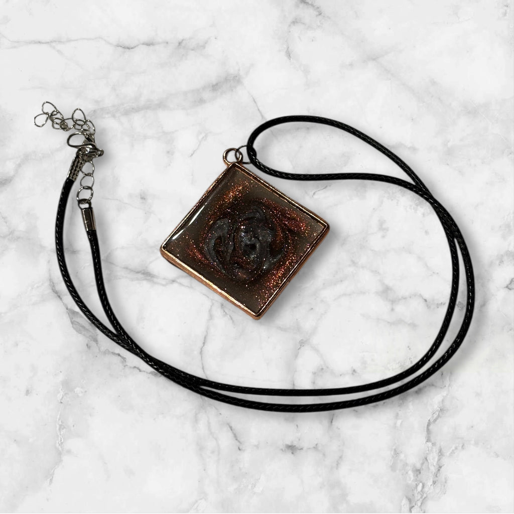 Copper Cat’s Eye Resin Pendant Necklace, 18 Inch Black Waxed Cotton Cord Necklace, Copper Tone Swirl Jewelry with Extender Chain