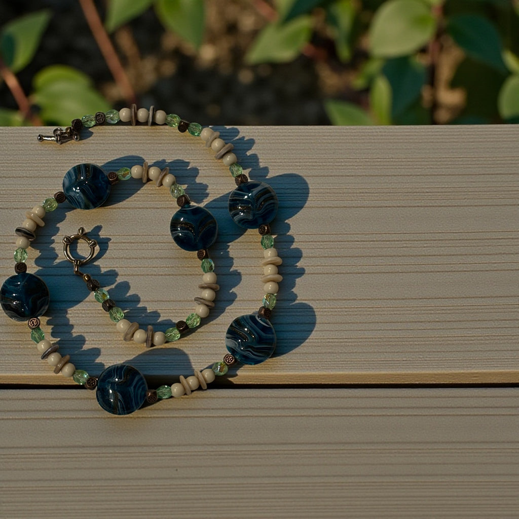 Water Inspired Aqua Glass Necklace, 20 Inch Ocean Style Necklace with Shell Spacer Beads, Blue Green Coastal Jewelry