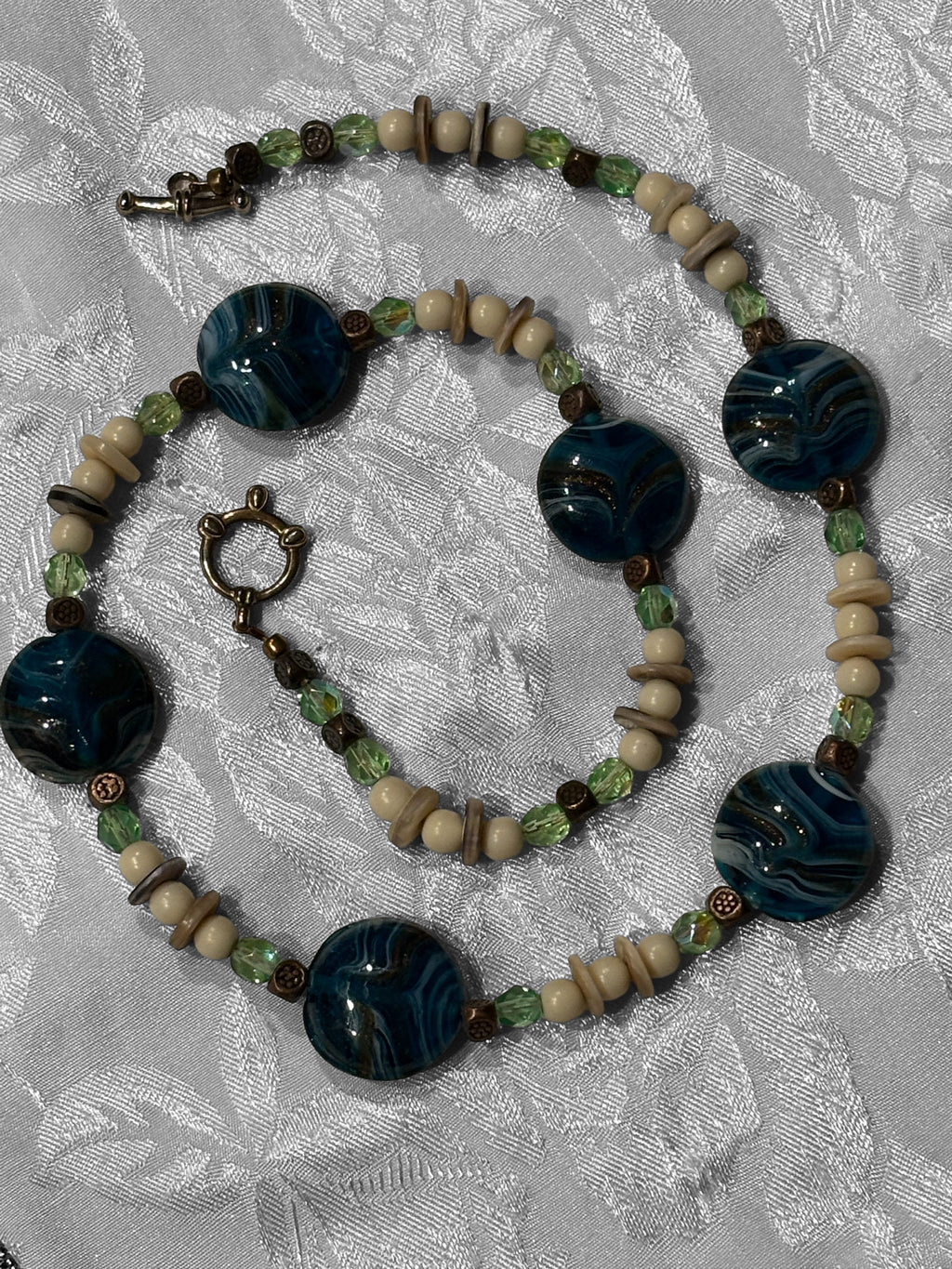 Water Inspired Aqua Glass Necklace, 20 Inch Ocean Style Necklace with Shell Spacer Beads, Blue Green Coastal Jewelry