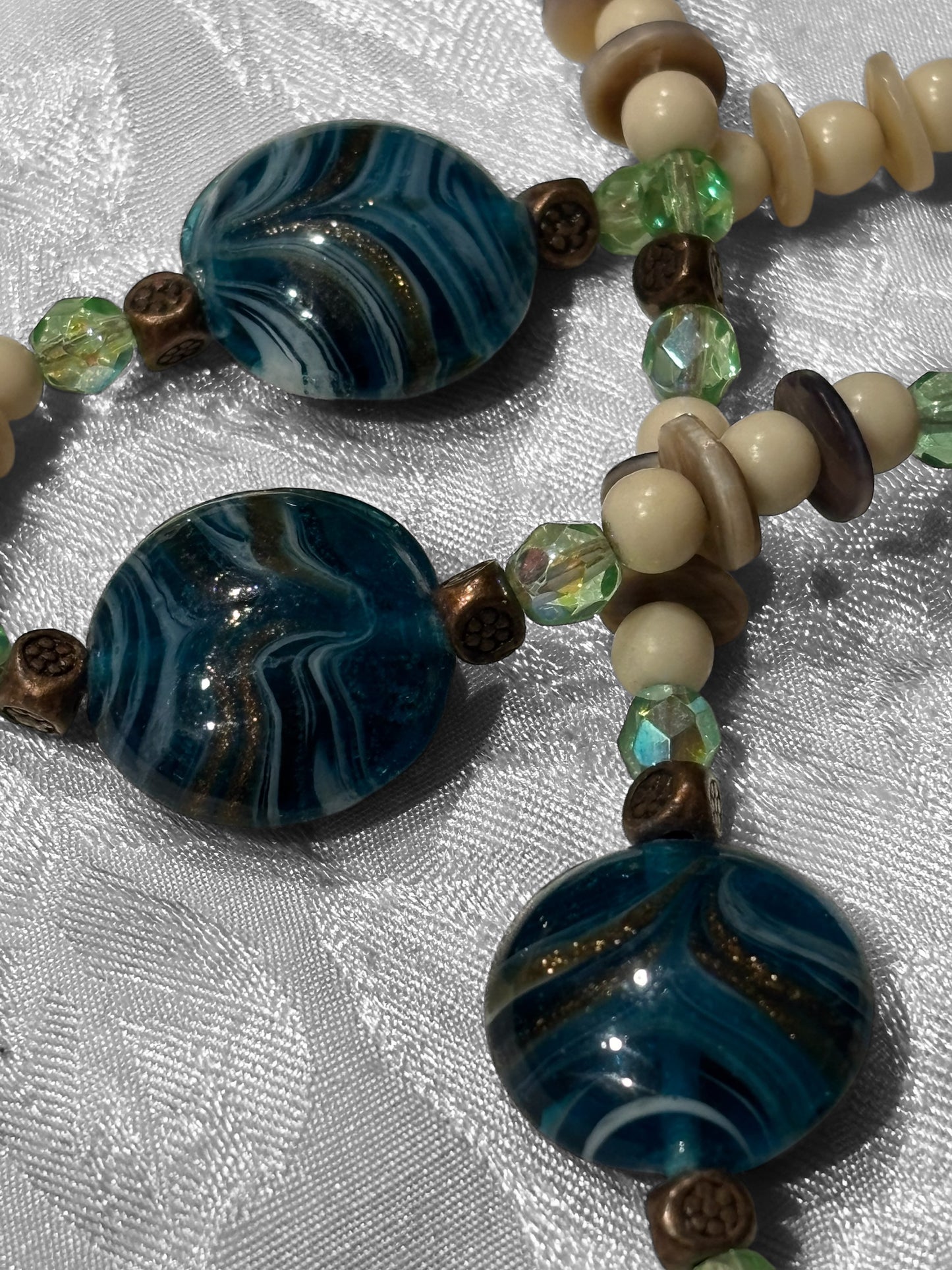 Water Inspired Aqua Glass Necklace, 20 Inch Ocean Style Necklace with Shell Spacer Beads, Blue Green Coastal Jewelry