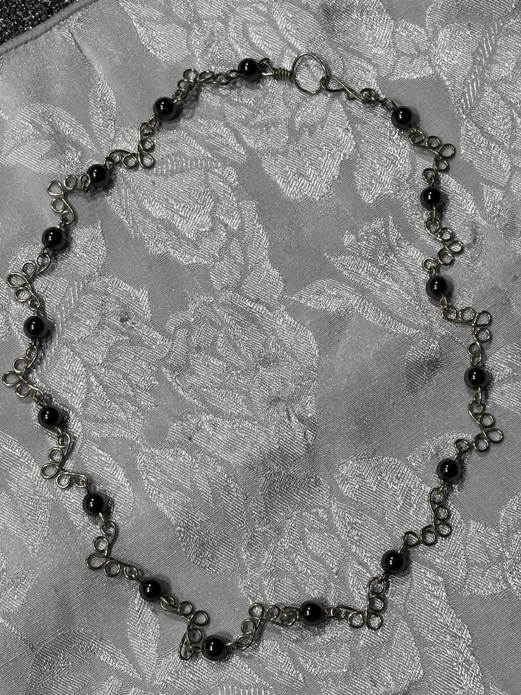 Hand Wired Hematite Necklace, 16 Inch Black Stone Necklace with Silver Wire Loops, Minimalist Artisan Jewelry