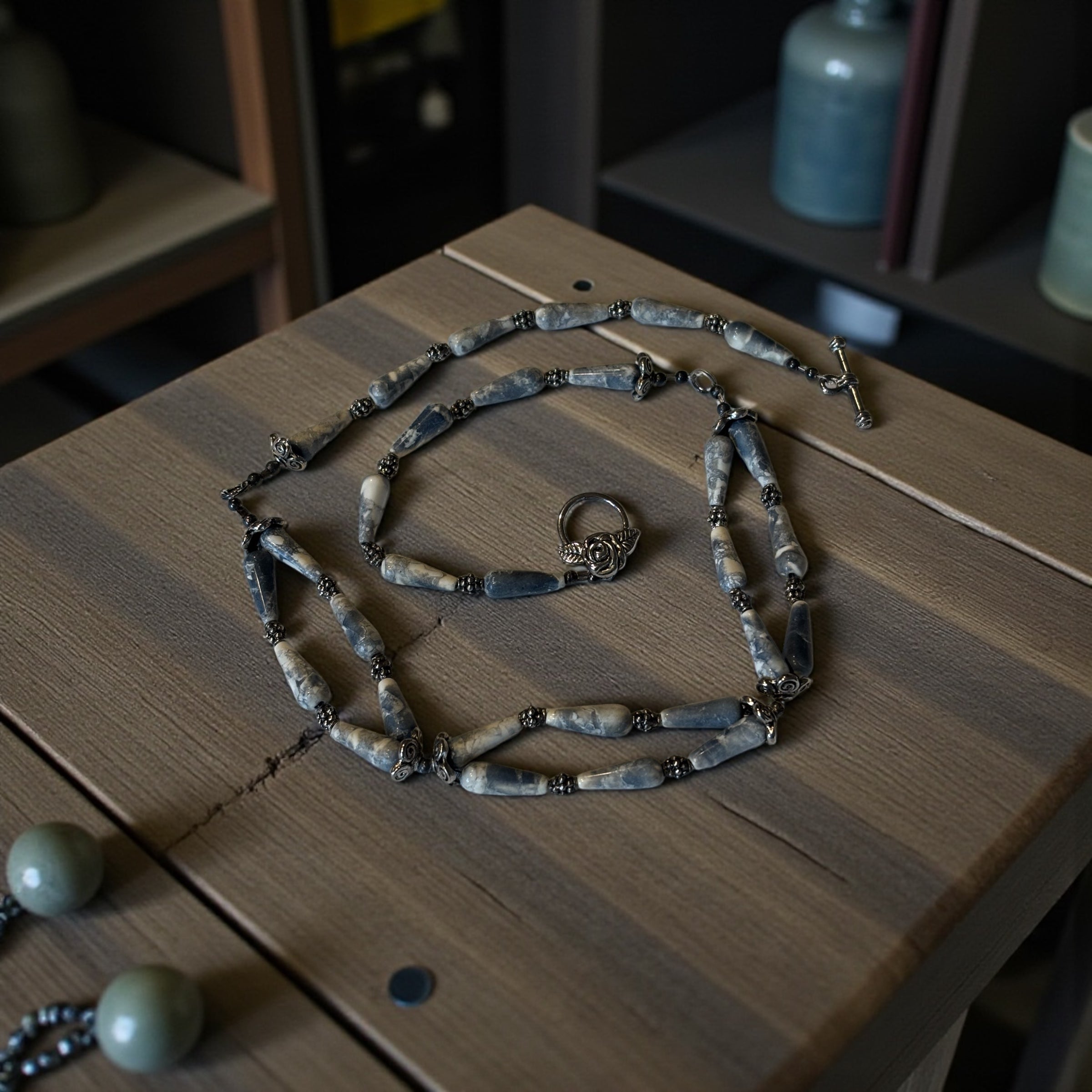 Antiqued Denim Lapis Necklace, 20 Inch Teardrop Stone Necklace with Metal Spacers, Rose Toggle Clasp, Boho Statement Jewelry