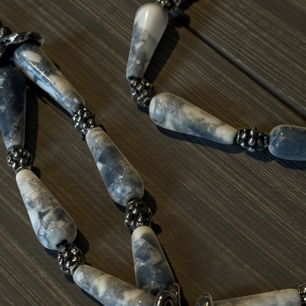 Antiqued Denim Lapis Necklace, 20 Inch Teardrop Stone Necklace with Metal Spacers, Rose Toggle Clasp, Boho Statement Jewelry