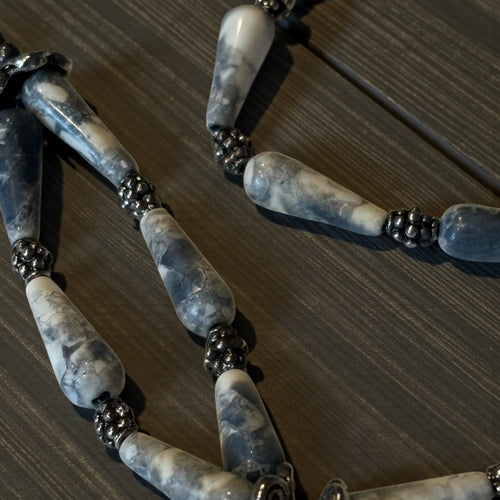 Antiqued Denim Lapis Necklace, 20 Inch Teardrop Stone Necklace with Metal Spacers, Rose Toggle Clasp, Boho Statement Jewelry