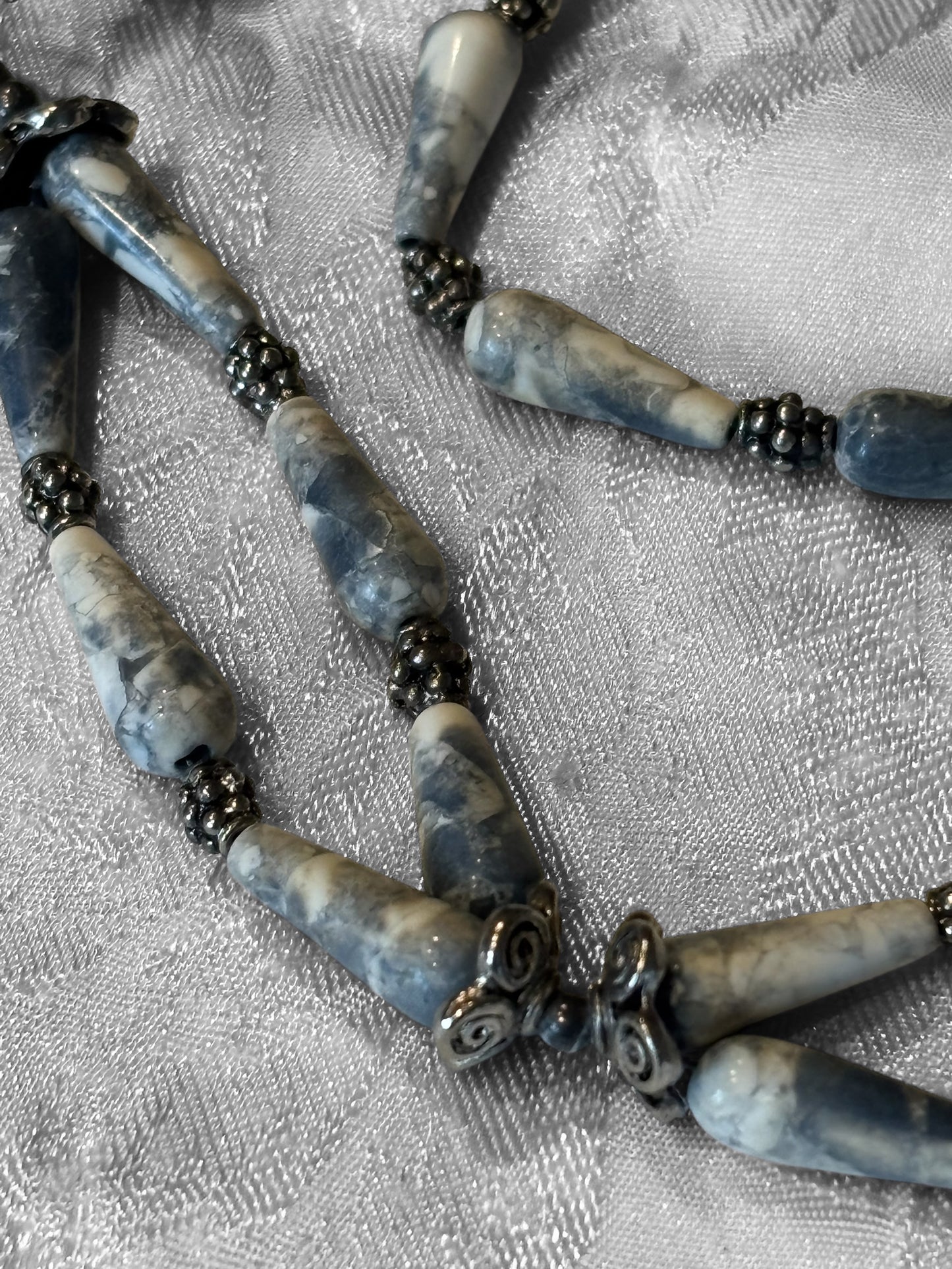 Antiqued Denim Lapis Necklace, 20 Inch Teardrop Stone Necklace with Metal Spacers, Rose Toggle Clasp, Boho Statement Jewelry