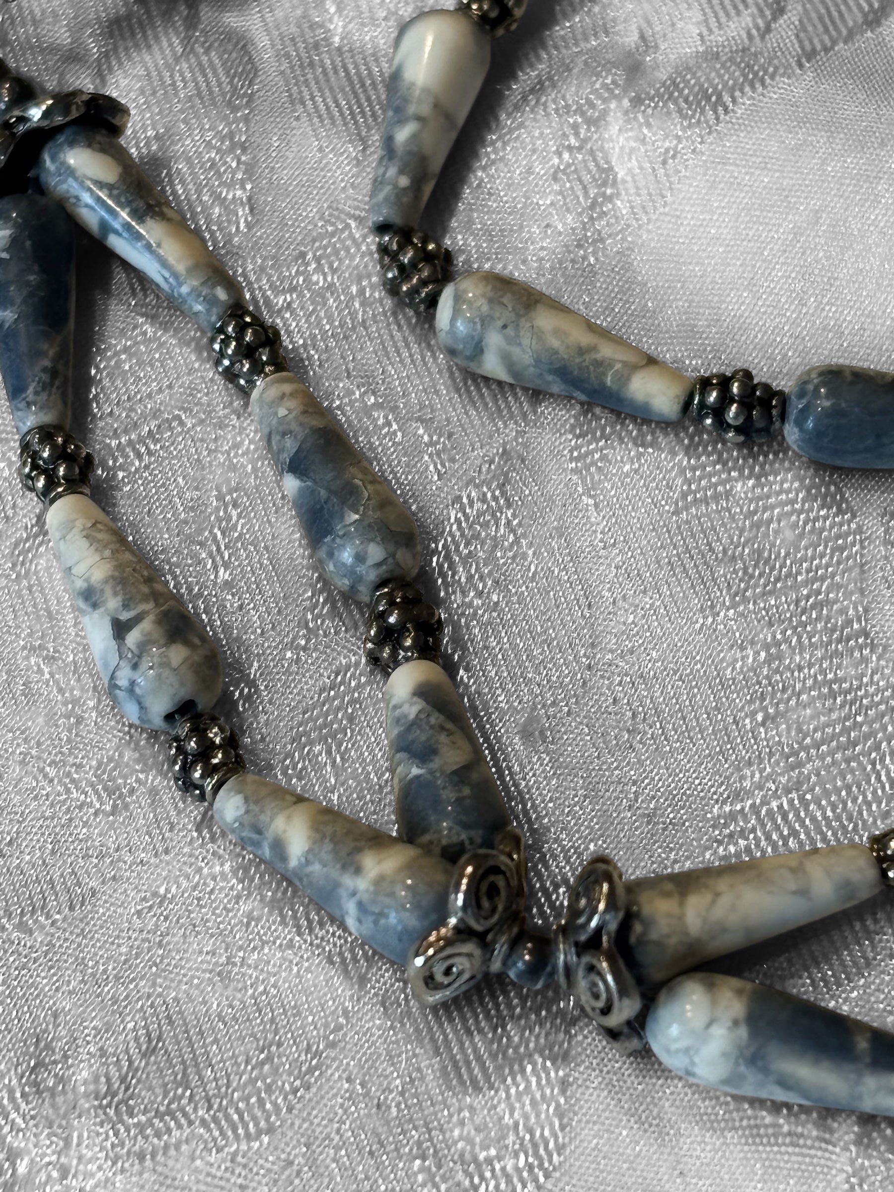 Antiqued Denim Lapis Necklace, 20 Inch Teardrop Stone Necklace with Metal Spacers, Rose Toggle Clasp, Boho Statement Jewelry