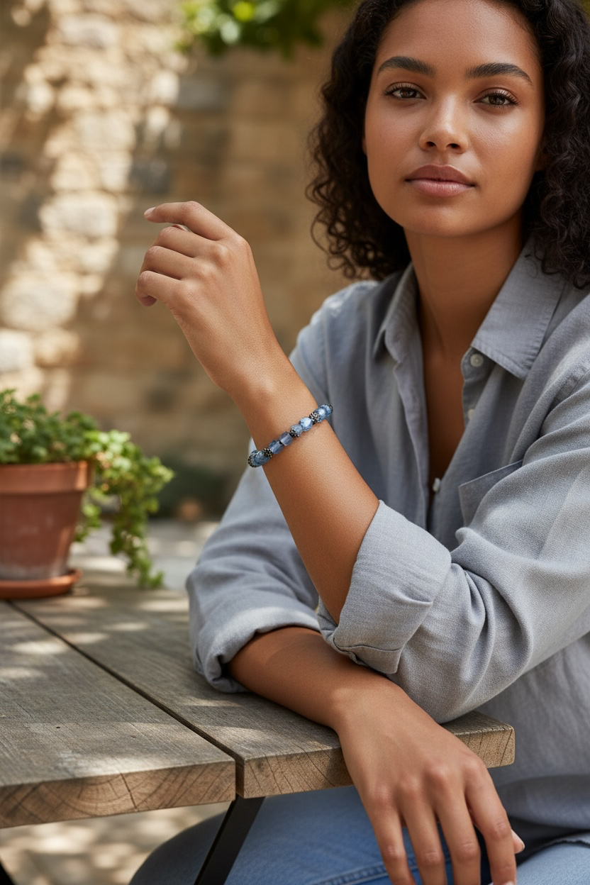 Upcycled Vintage Glass Bracelet, 7 Inch Blue Faceted Bead Bracelet with Metal Flower Spacers, Toggle Clasp