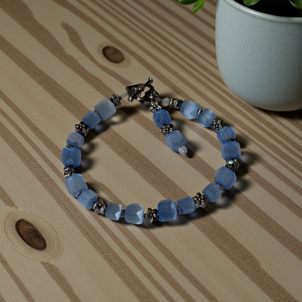 Upcycled Vintage Glass Bracelet, 7 Inch Blue Faceted Bead Bracelet with Metal Flower Spacers, Toggle Clasp