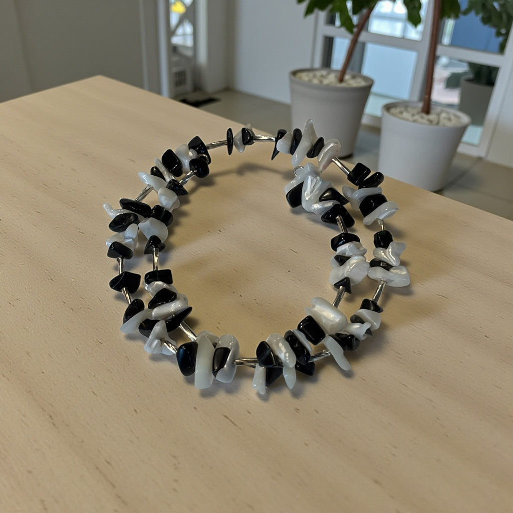 Onyx & Mother of Pearl Wrap Bracelet, Black and White Chip Bracelet with Silver Tube Spacers, Boho Layered Bracelet