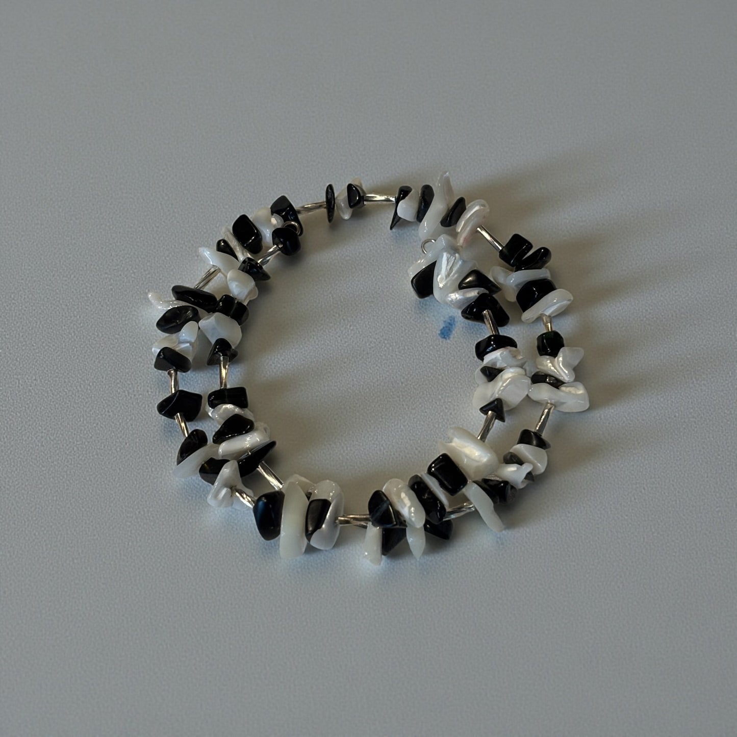 Onyx & Mother of Pearl Wrap Bracelet, Black and White Chip Bracelet with Silver Tube Spacers, Boho Layered Bracelet