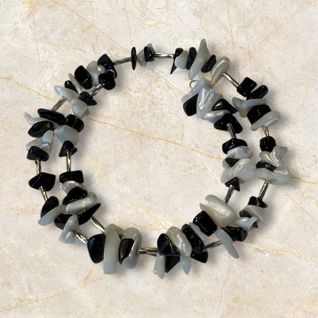 Onyx & Mother of Pearl Wrap Bracelet, Black and White Chip Bracelet with Silver Tube Spacers, Boho Layered Bracelet