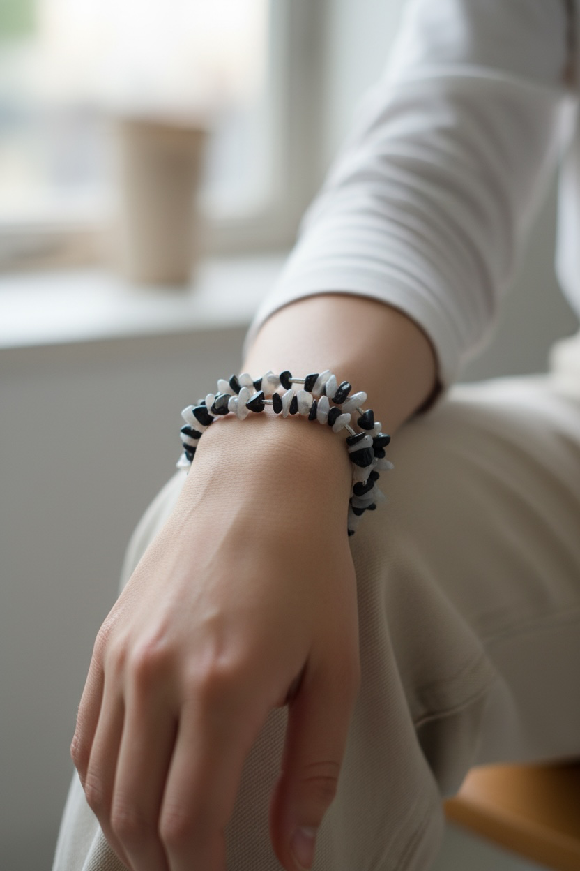 Onyx & Mother of Pearl Wrap Bracelet, Black and White Chip Bracelet with Silver Tube Spacers, Boho Layered Bracelet
