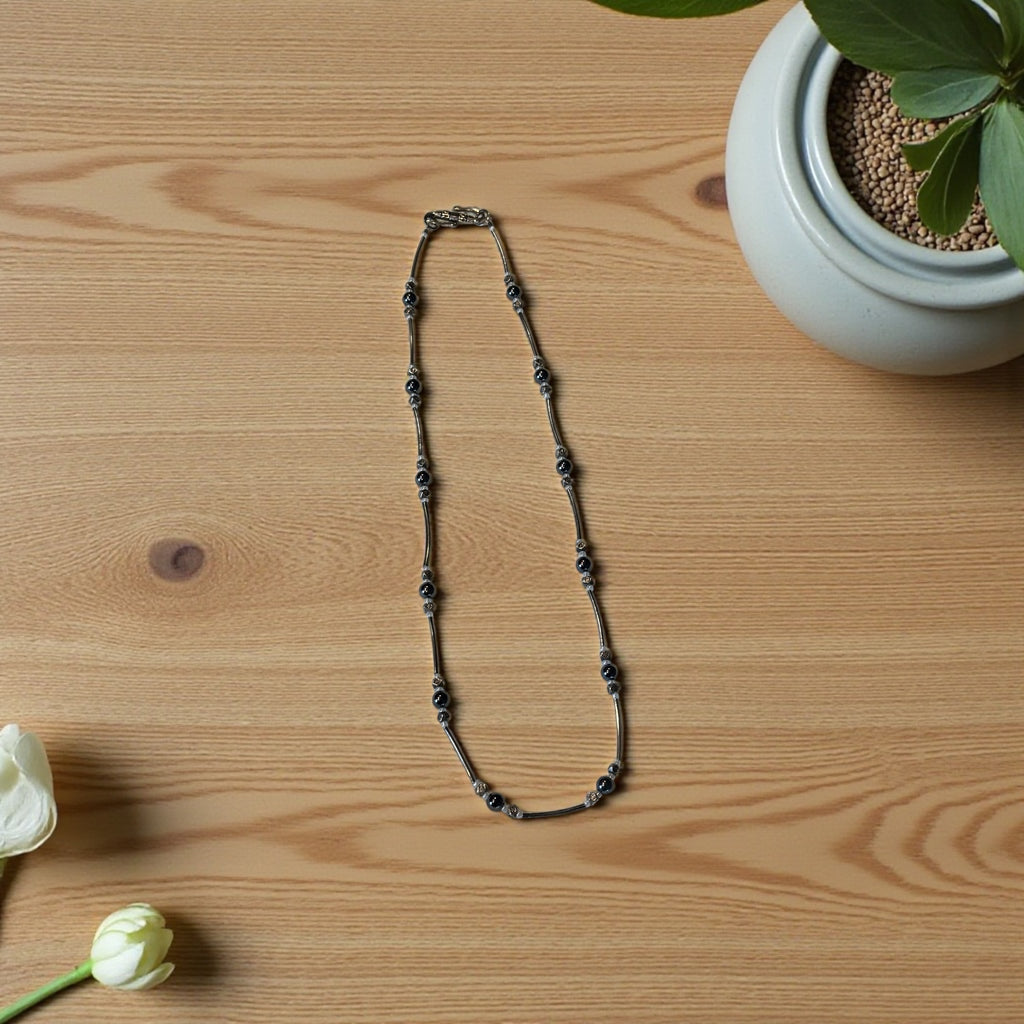 Hematite Necklace with Antiqued Silver Tube Beads, 20 Inch Minimalist Black Stone Necklace, Handmade Modern Jewelry