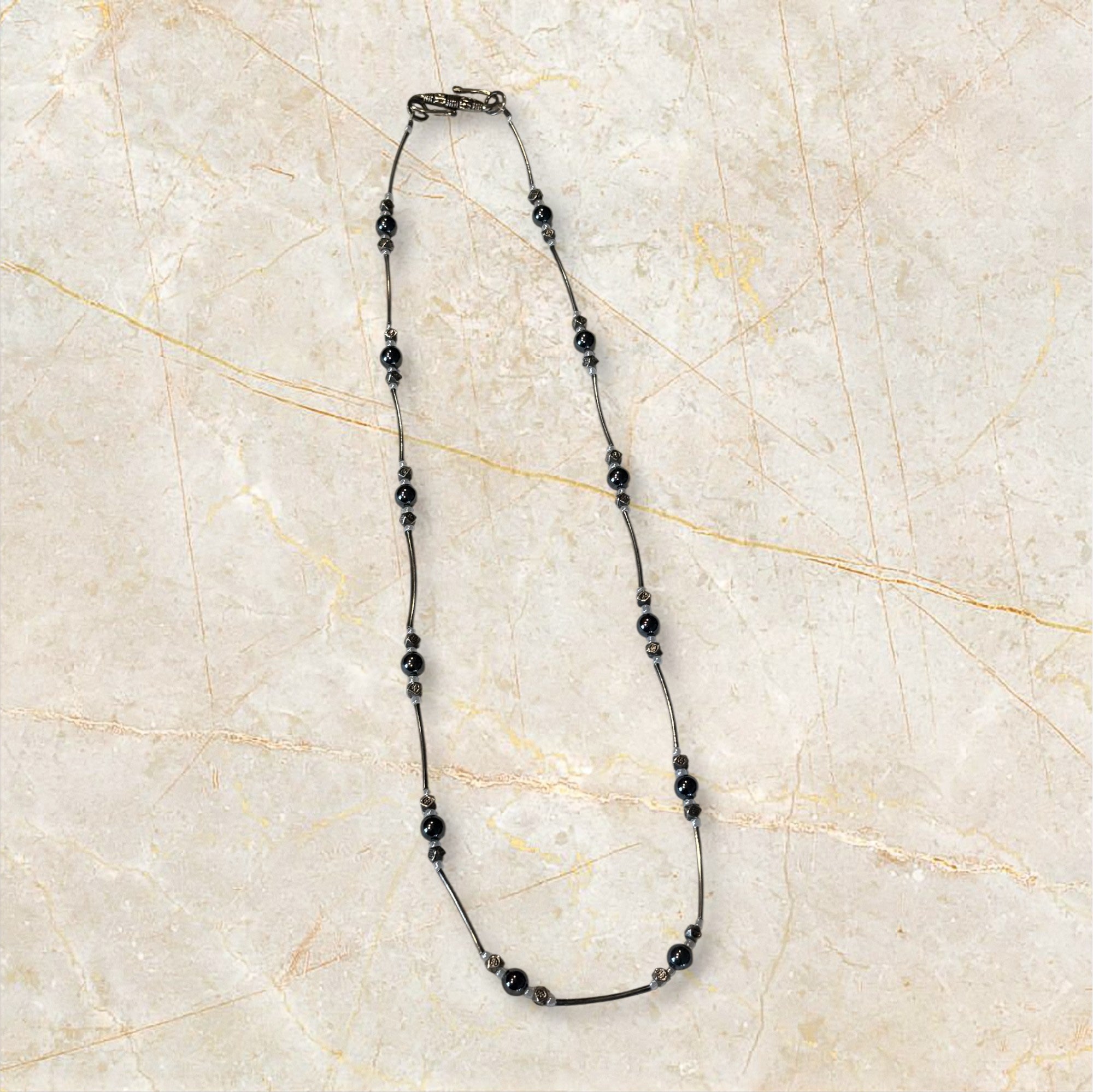Hematite Necklace with Antiqued Silver Tube Beads, 20 Inch Minimalist Black Stone Necklace, Handmade Modern Jewelry