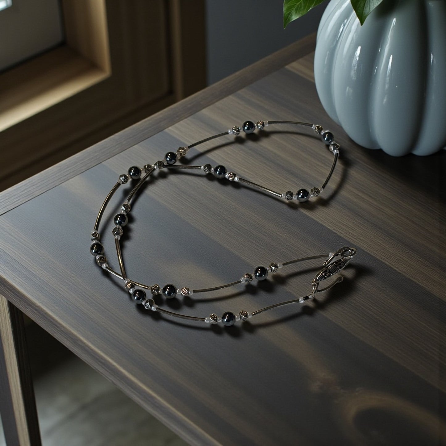 Hematite Necklace with Antiqued Silver Tube Beads, 20 Inch Minimalist Black Stone Necklace, Handmade Modern Jewelry
