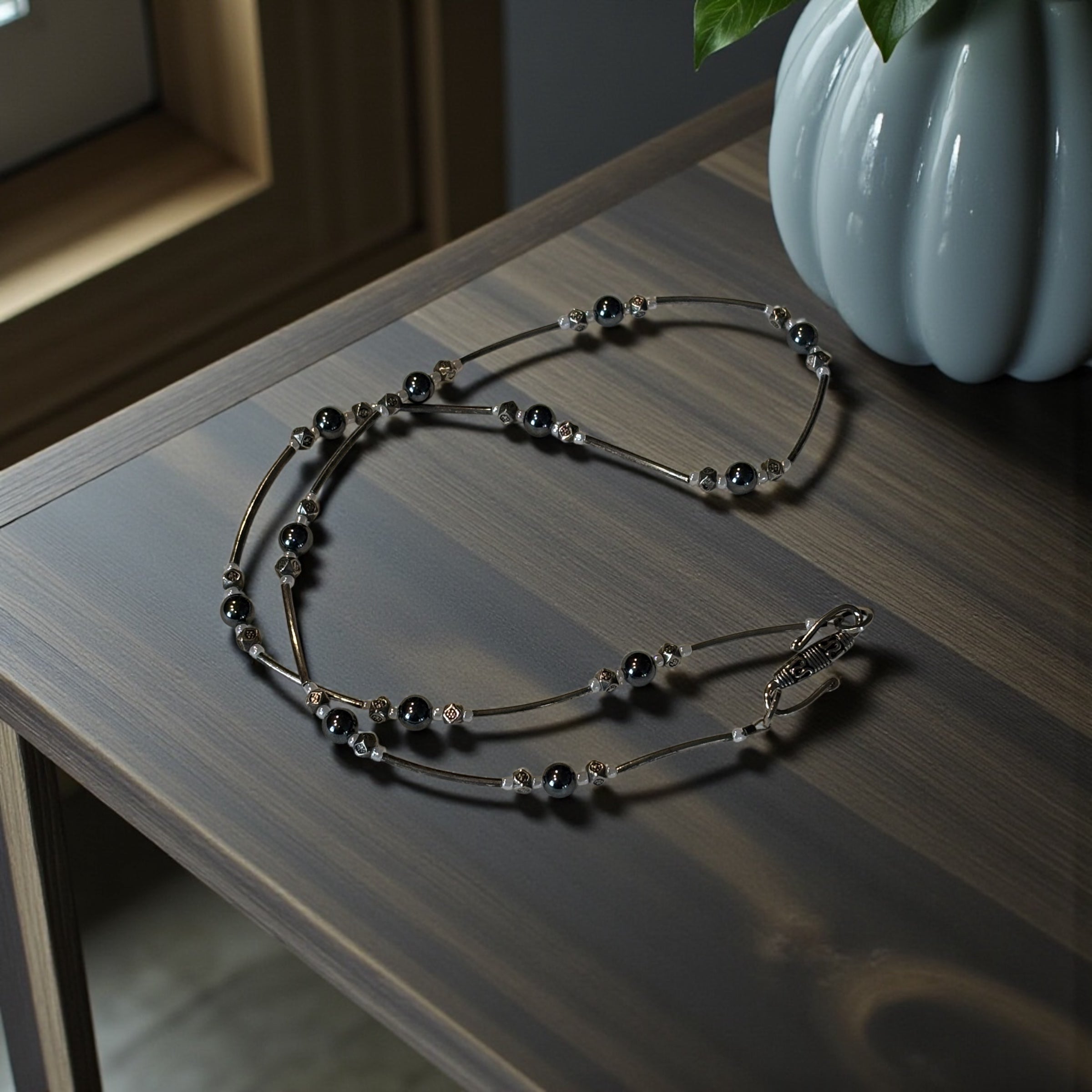 Hematite Necklace with Antiqued Silver Tube Beads, 20 Inch Minimalist Black Stone Necklace, Handmade Modern Jewelry