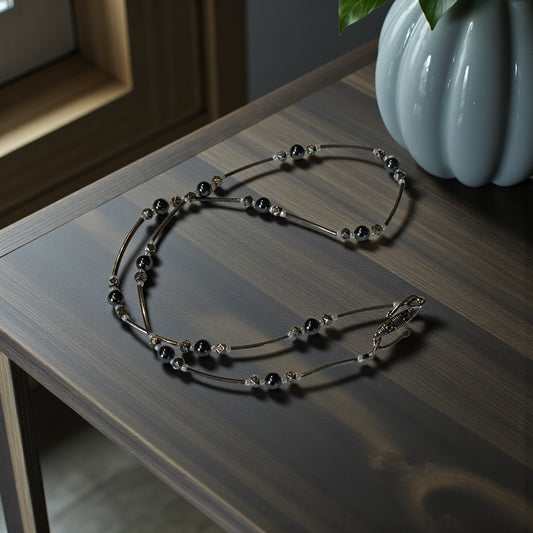Hematite Necklace with Antiqued Silver Tube Beads, 20 Inch Minimalist Black Stone Necklace, Handmade Modern Jewelry