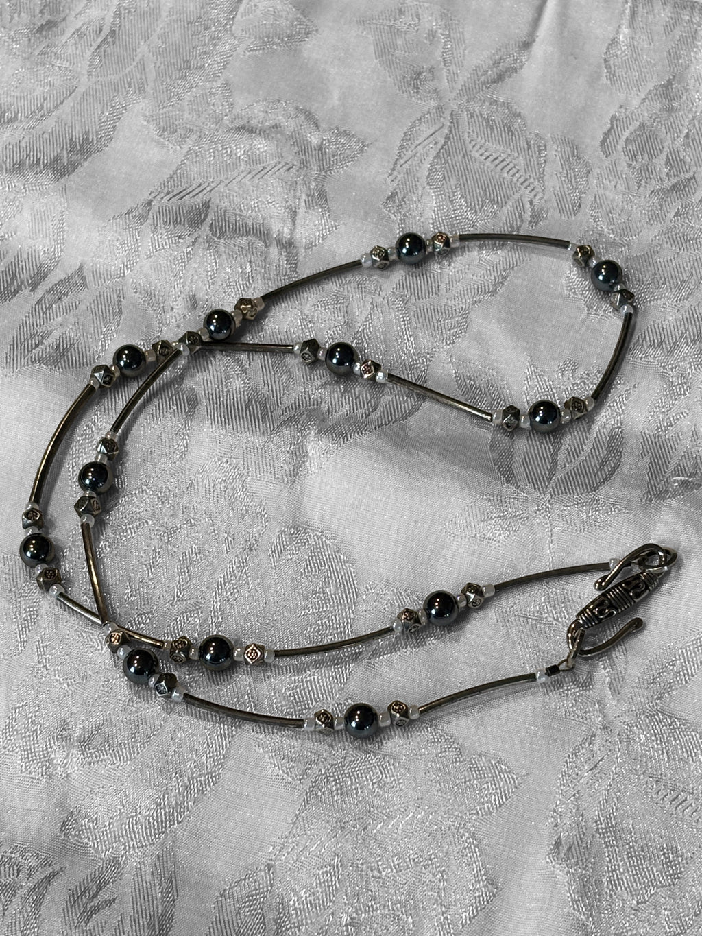 Hematite Necklace with Antiqued Silver Tube Beads, 20 Inch Minimalist Black Stone Necklace, Handmade Modern Jewelry