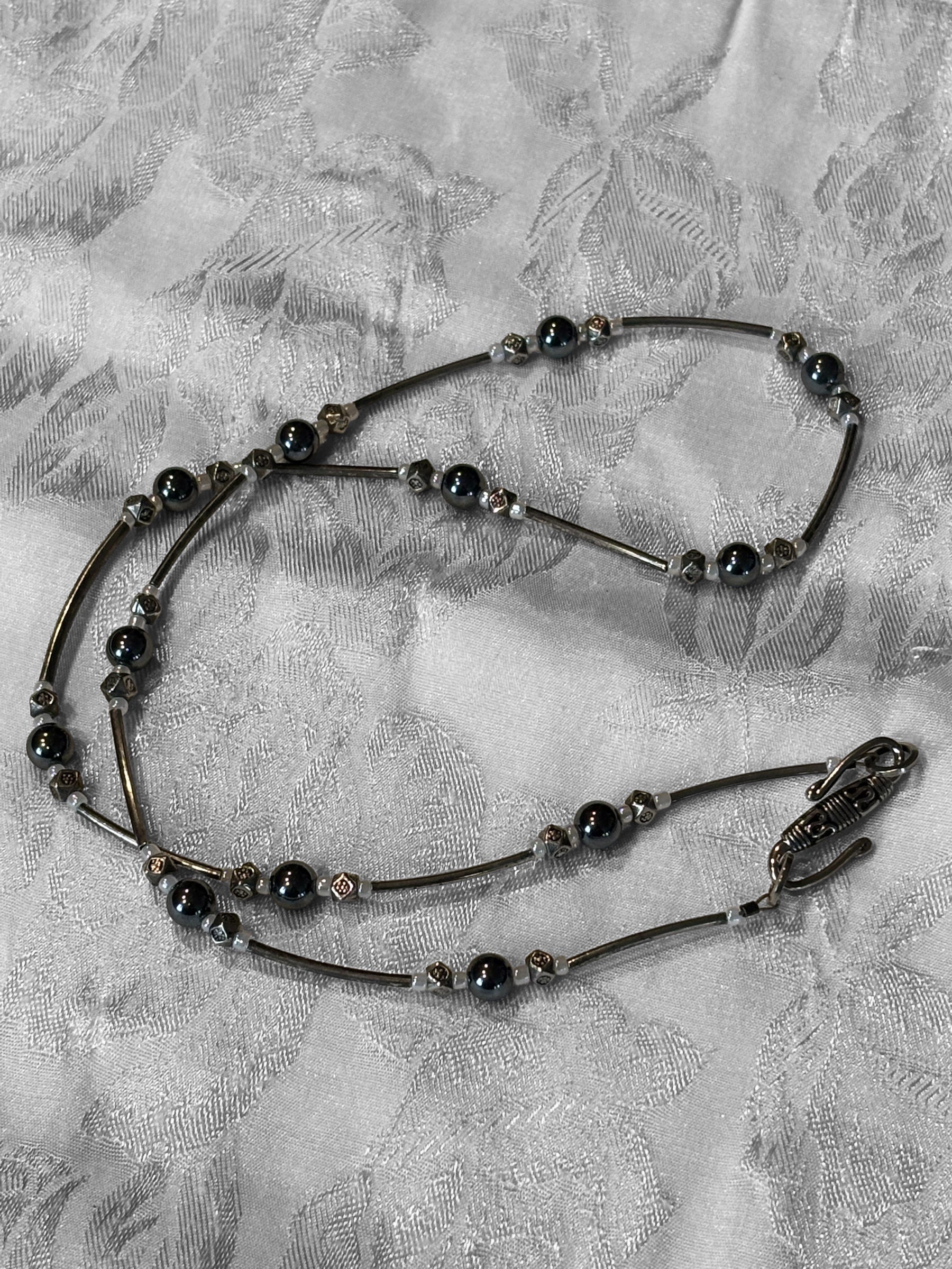 Hematite Necklace with Antiqued Silver Tube Beads, 20 Inch Minimalist Black Stone Necklace, Handmade Modern Jewelry