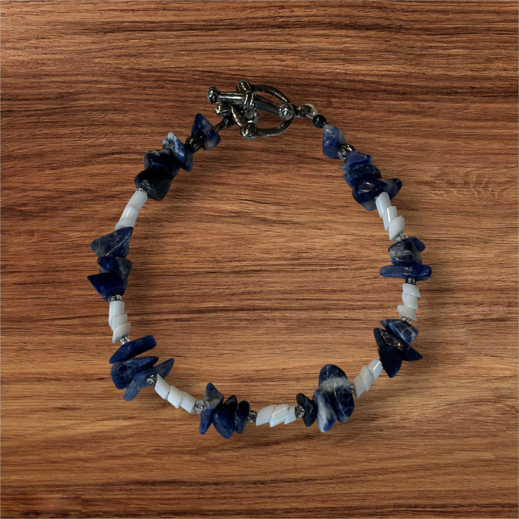 Lapis Lazuli Chip Bracelet with Shell Spacer Beads, 7 Inch Blue Stone Bracelet, Handmade Boho Coastal Jewelry