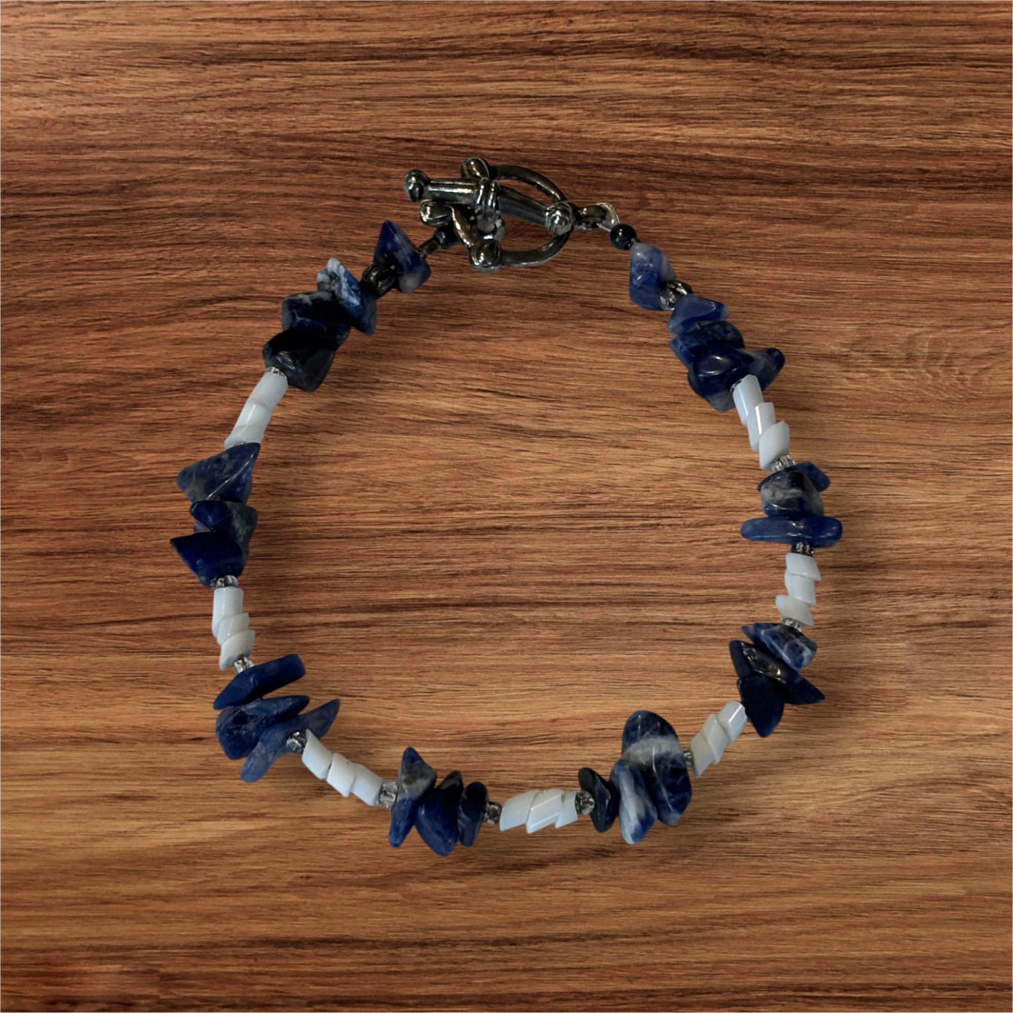 Lapis Lazuli Chip Bracelet with Shell Spacer Beads, 7 Inch Blue Stone Bracelet, Handmade Boho Coastal Jewelry