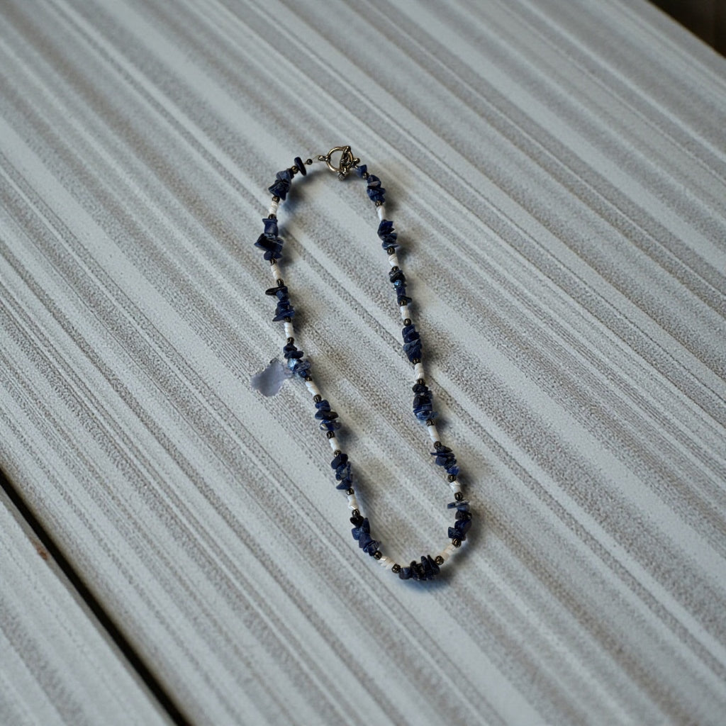 Lapis Lazuli Chip Necklace with Shell Spacer Beads, 17  Inch Blue Stone Necklace, Handmade Boho Coastal Jewelry