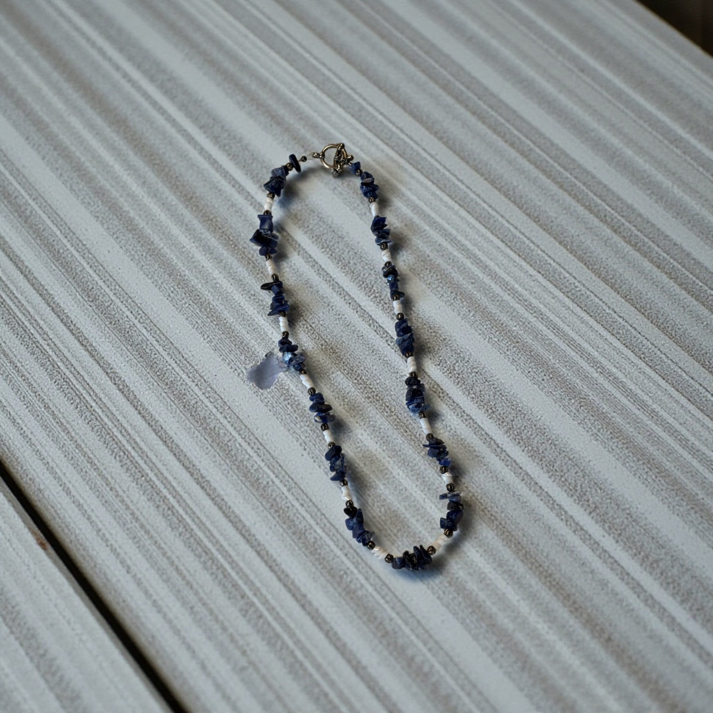 Lapis Lazuli Chip Necklace with Shell Spacer Beads, 17  Inch Blue Stone Necklace, Handmade Boho Coastal Jewelry