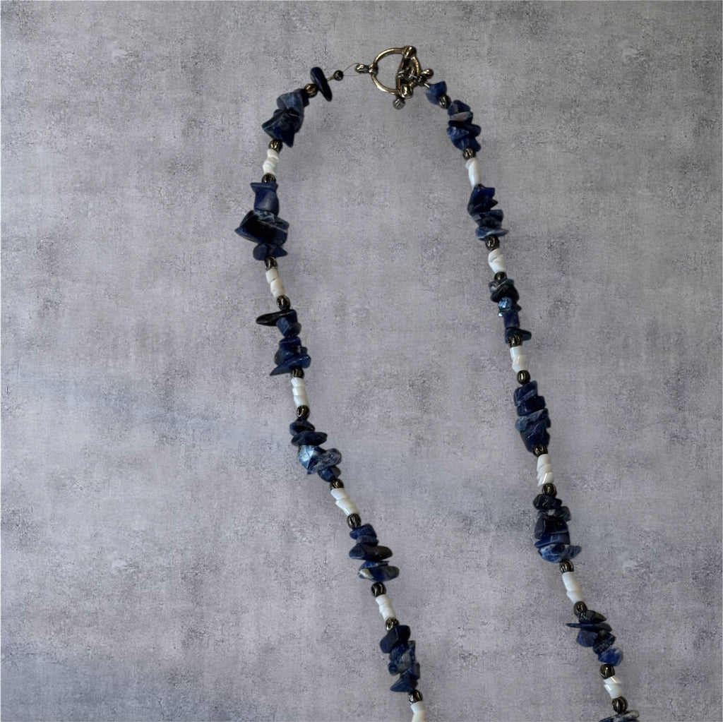 Lapis Lazuli Chip Necklace with Shell Spacer Beads, 17  Inch Blue Stone Necklace, Handmade Boho Coastal Jewelry