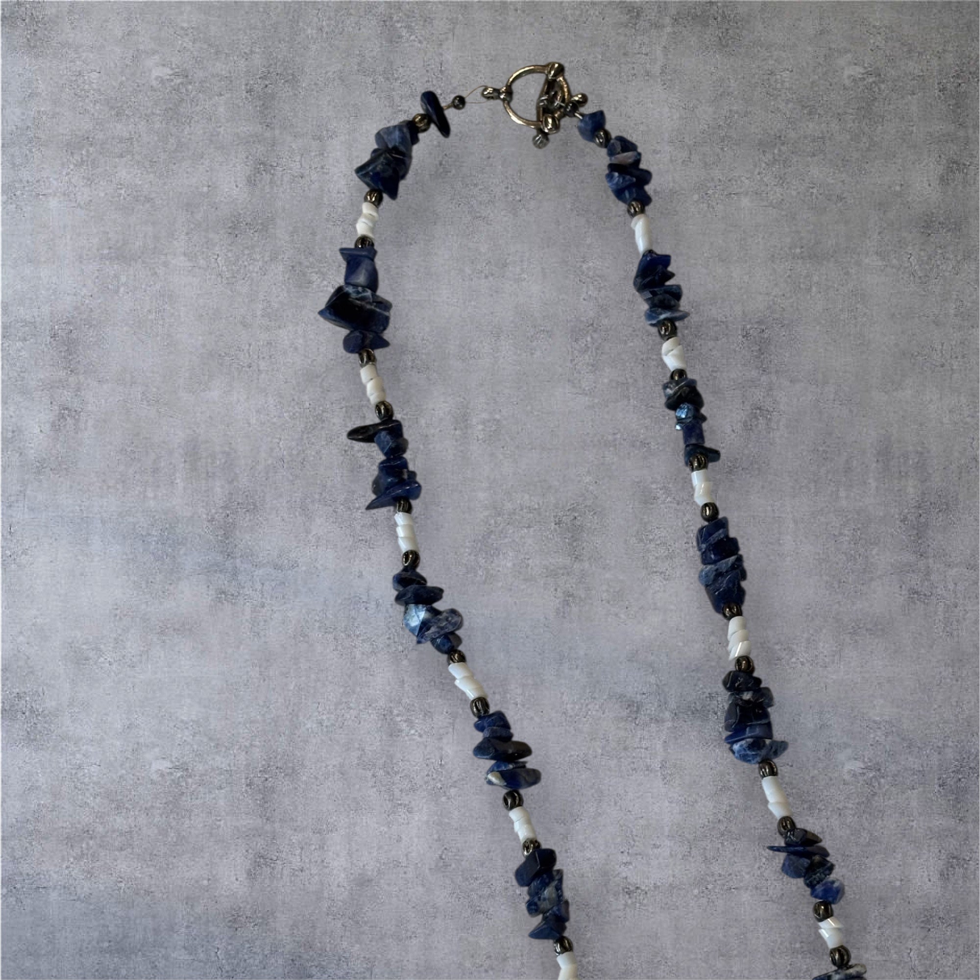 Lapis Lazuli Chip Necklace with Shell Spacer Beads, 17  Inch Blue Stone Necklace, Handmade Boho Coastal Jewelry
