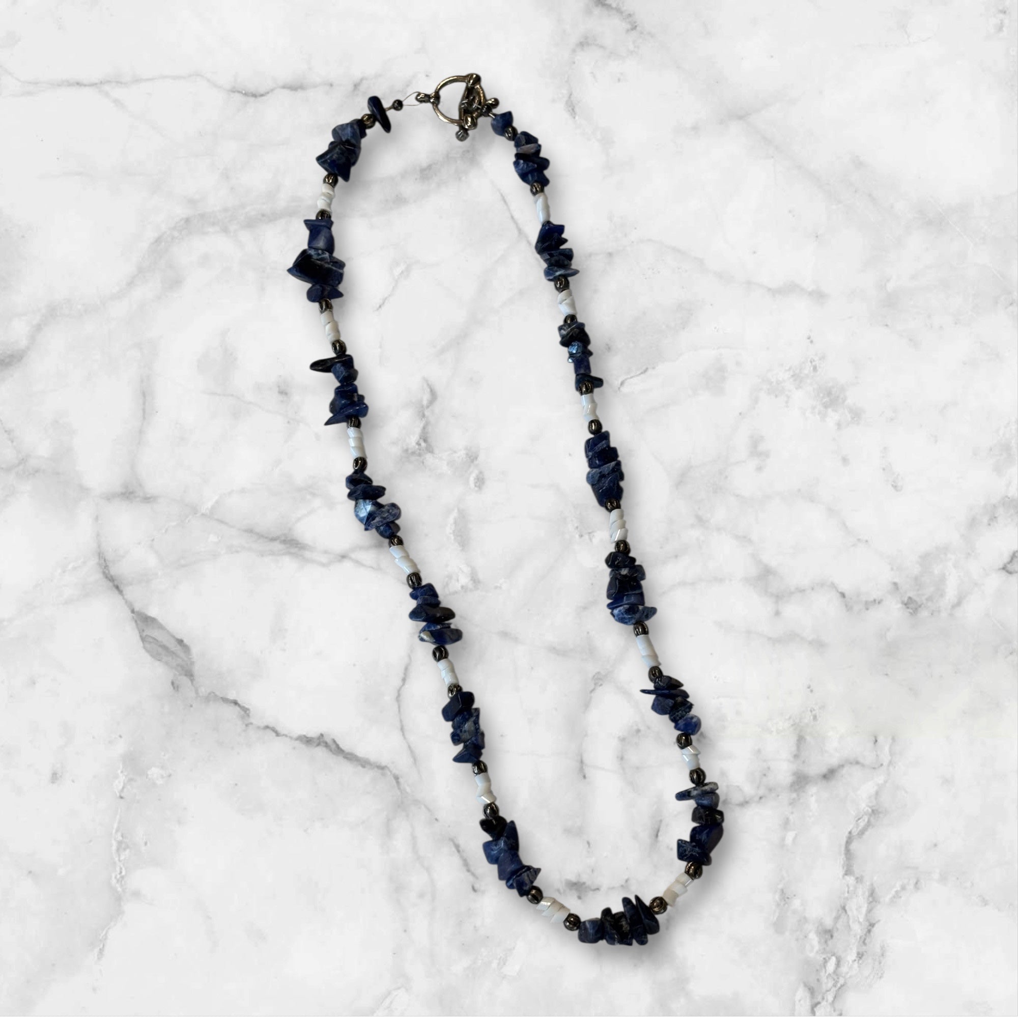 Lapis Lazuli Chip Necklace with Shell Spacer Beads, 17  Inch Blue Stone Necklace, Handmade Boho Coastal Jewelry