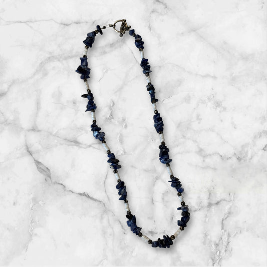 Lapis Lazuli Chip Necklace with Shell Spacer Beads, 17  Inch Blue Stone Necklace, Handmade Boho Coastal Jewelry