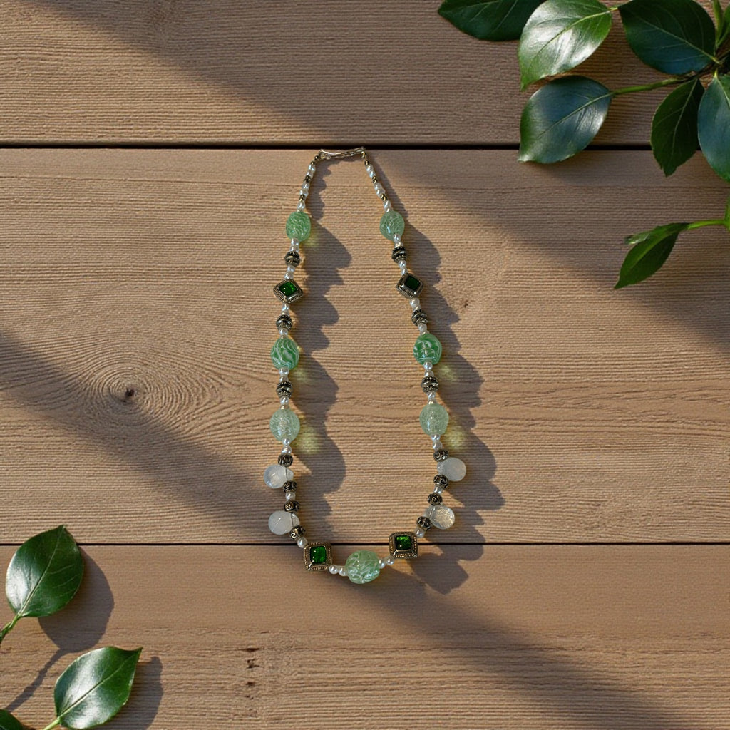 Green Glass Focal Bead Necklace with Freshwater Pearls, Antiqued Gold Accents & Green Inlay Spacers, 16.5 Inch Handmade Necklace