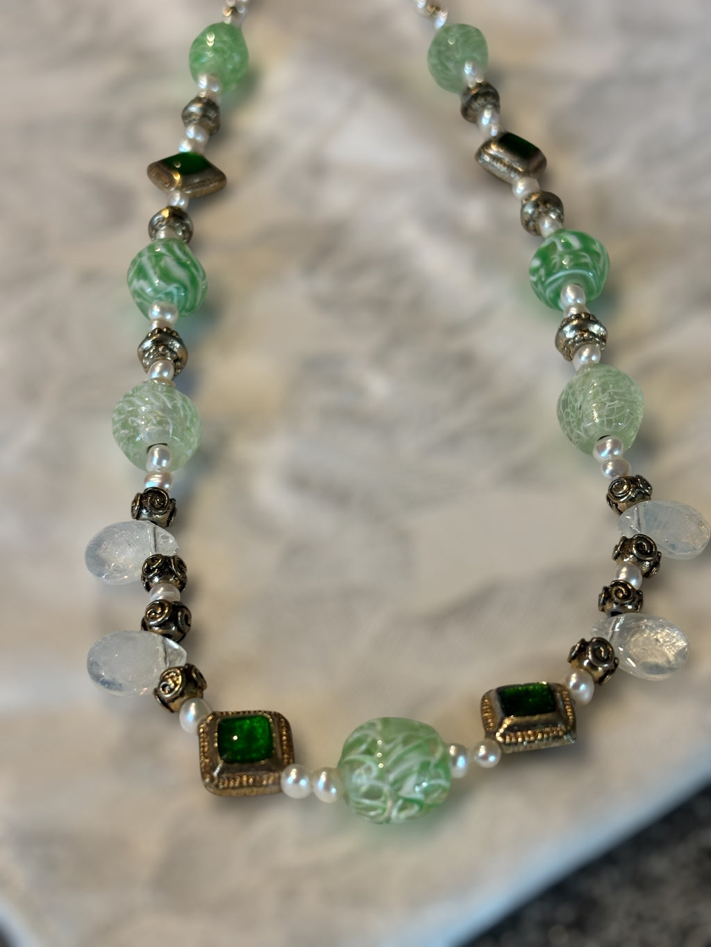 Green Glass Focal Bead Necklace with Freshwater Pearls, Antiqued Gold Accents & Green Inlay Spacers, 16.5 Inch Handmade Necklace