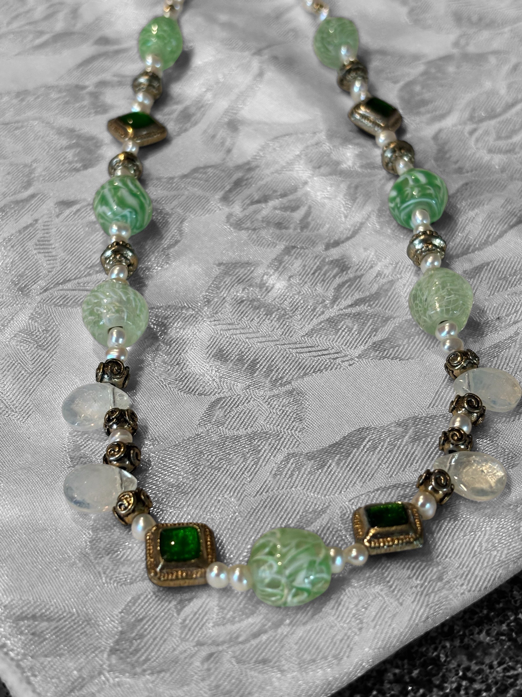 Green Glass Focal Bead Necklace with Freshwater Pearls, Antiqued Gold Accents & Green Inlay Spacers, 16.5 Inch Handmade Necklace