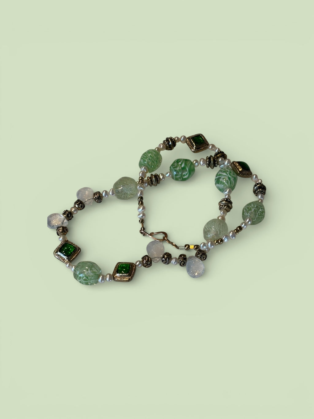 Green Glass Focal Bead Necklace with Freshwater Pearls, Antiqued Gold Accents & Green Inlay Spacers, 16.5 Inch Handmade Necklace