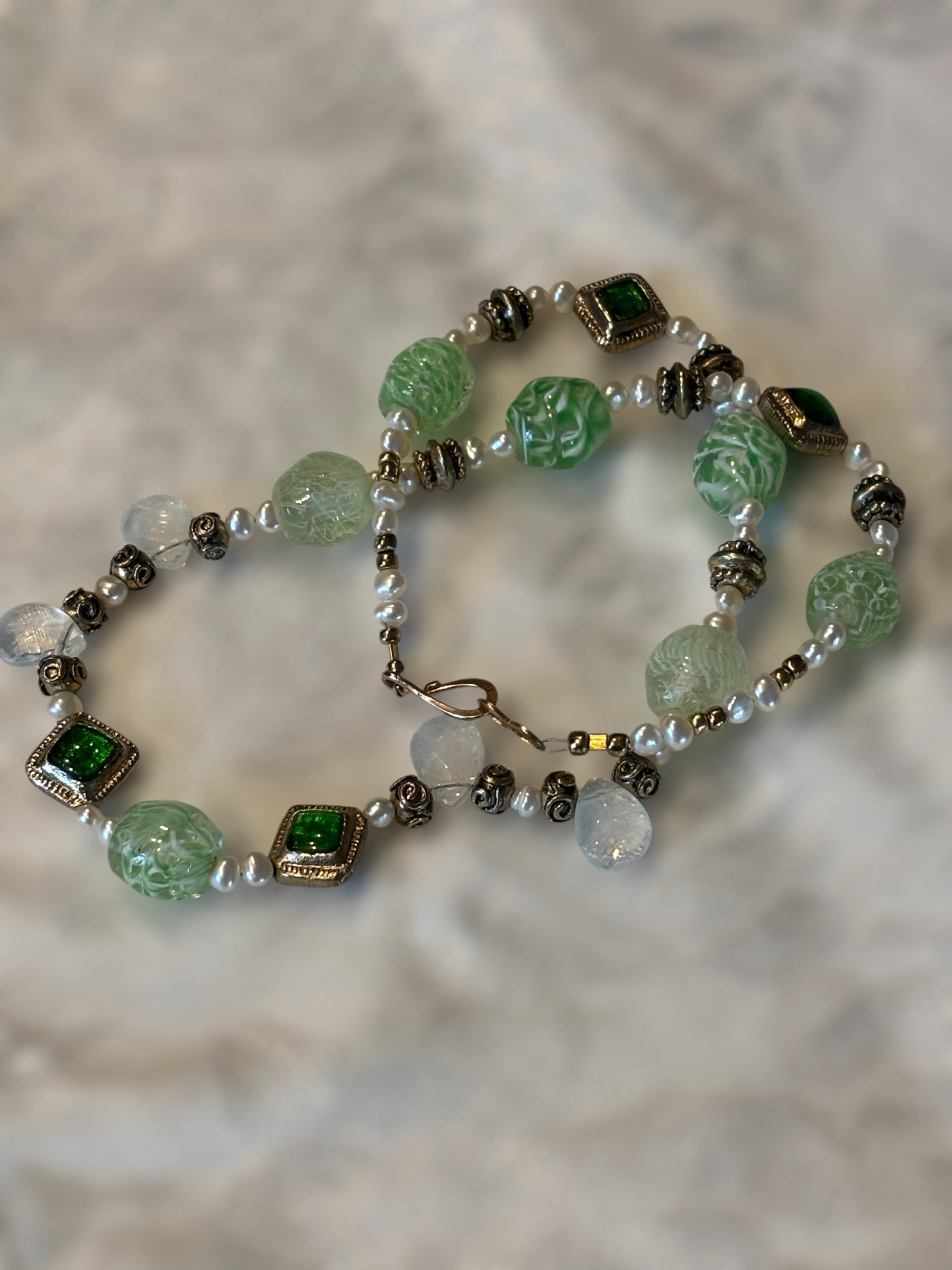 Green Glass Focal Bead Necklace with Freshwater Pearls, Antiqued Gold Accents & Green Inlay Spacers, 16.5 Inch Handmade Necklace