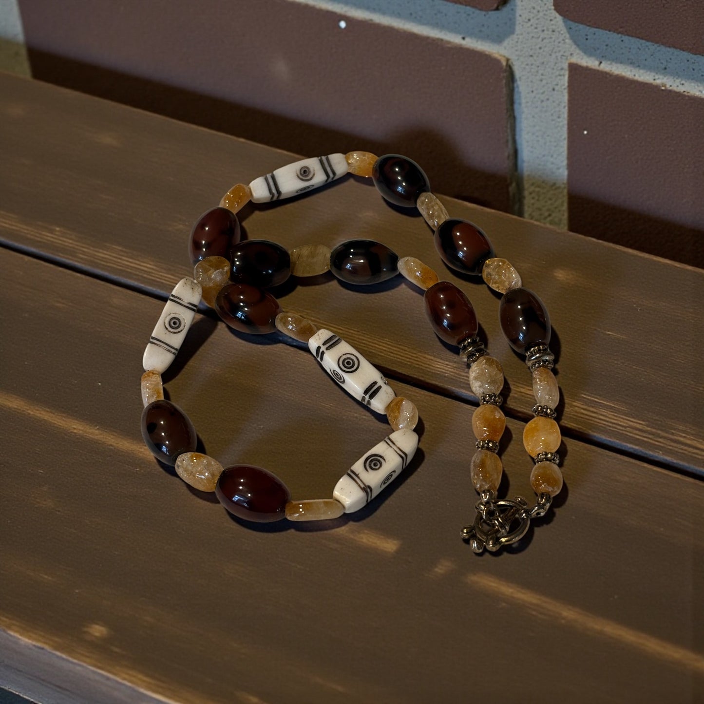 Rustic Citrine, Glass & Bone Necklace, 20 Inch Earthy Boho Statement Necklace, Handmade Artisan Jewelry with Toggle Clasp