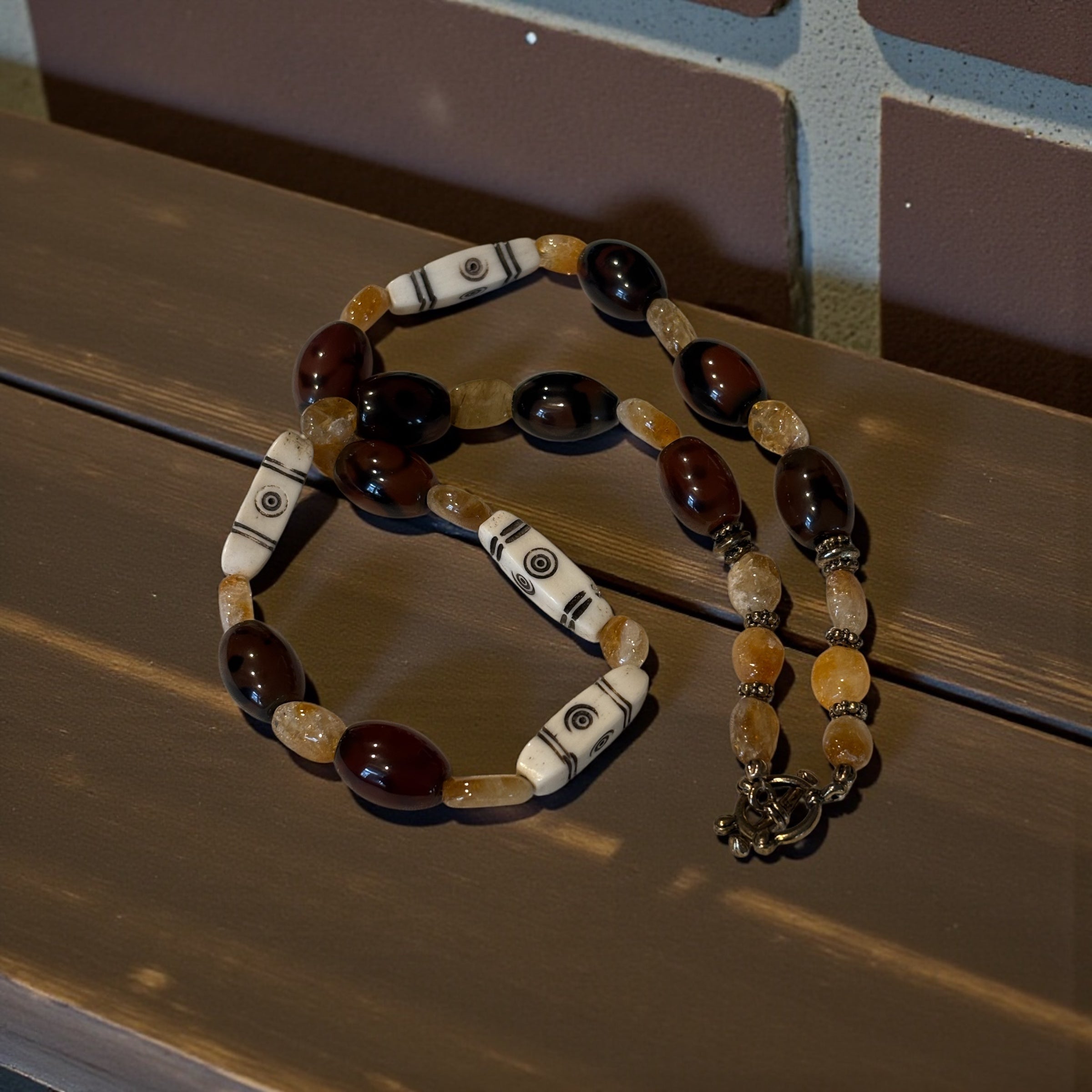 Rustic Citrine, Glass & Bone Necklace, 20 Inch Earthy Boho Statement Necklace, Handmade Artisan Jewelry with Toggle Clasp