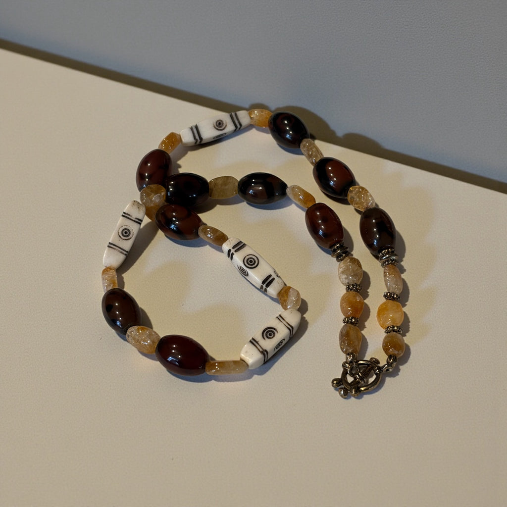 Rustic Citrine, Glass & Bone Necklace, 20 Inch Earthy Boho Statement Necklace, Handmade Artisan Jewelry with Toggle Clasp