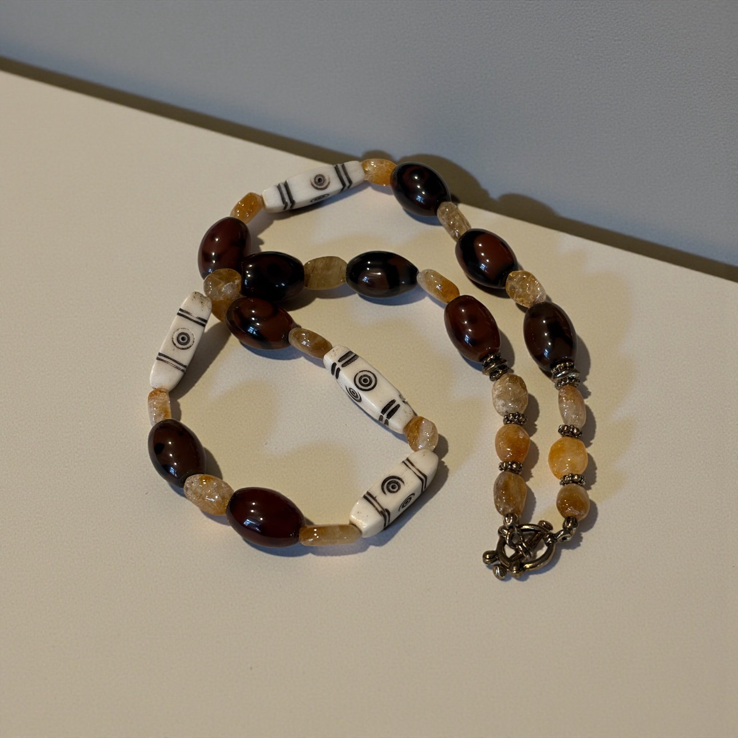 Rustic Citrine, Glass & Bone Necklace, 20 Inch Earthy Boho Statement Necklace, Handmade Artisan Jewelry with Toggle Clasp