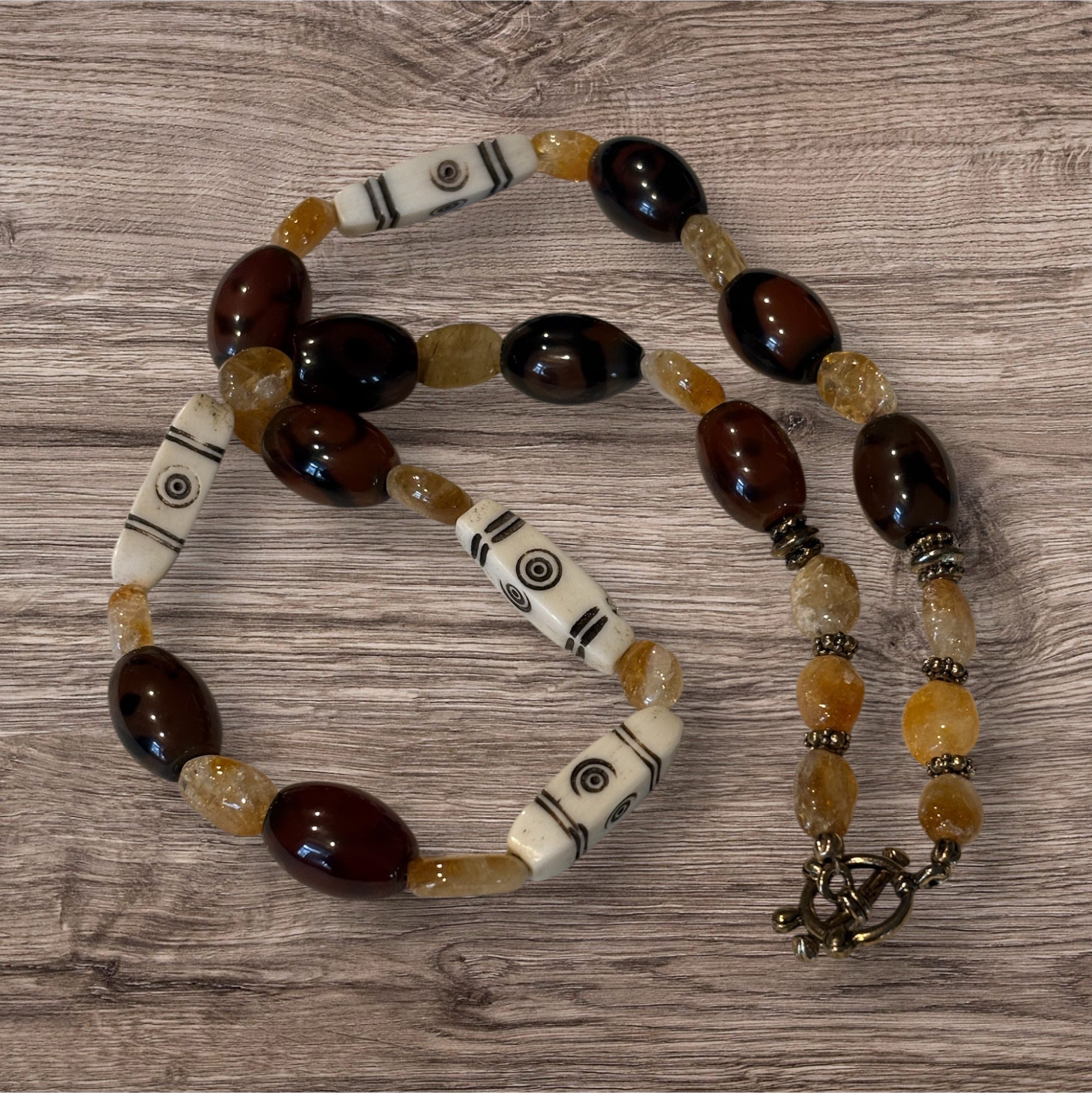 Rustic Citrine, Glass & Bone Necklace, 20 Inch Earthy Boho Statement Necklace, Handmade Artisan Jewelry with Toggle Clasp